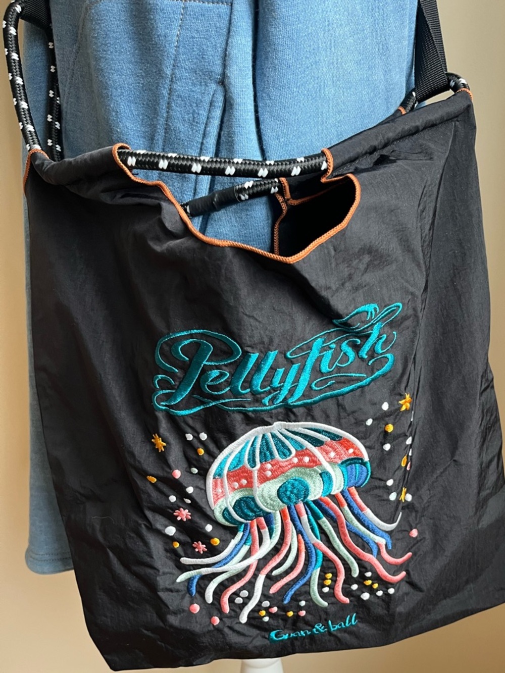 Embroidered Jellyfish Tote Bag - Black